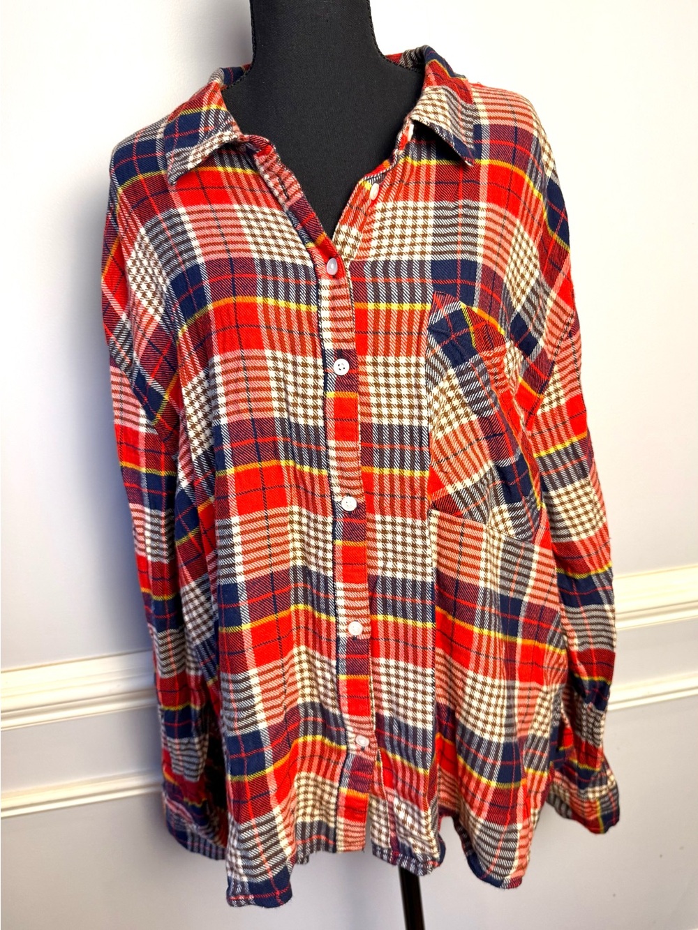 Aerie Oversized Plaid Flannel Button Front Shirt Red Blue XXL Soft Cozy